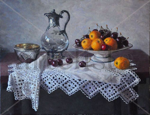 Botella con nísperos y cerezas Oil Canvas Still Life Paintings