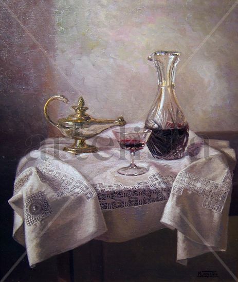 Botella y copa con vino Oil Canvas Still Life Paintings