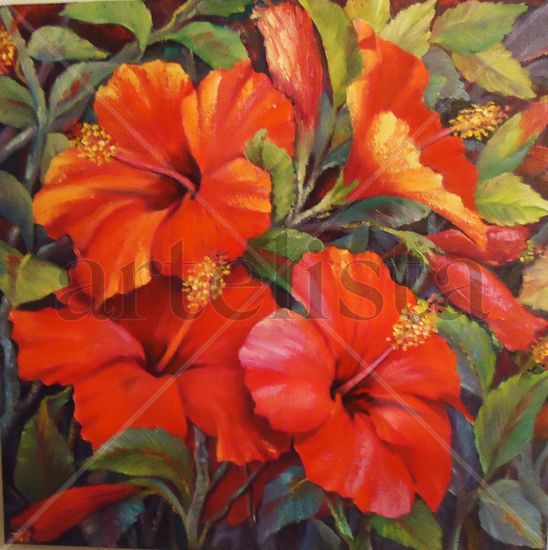 Hibiscos rojos Oil Canvas Floral Painting