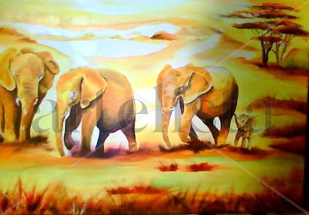 Detalle derecho de la obra "elefantes en africa"