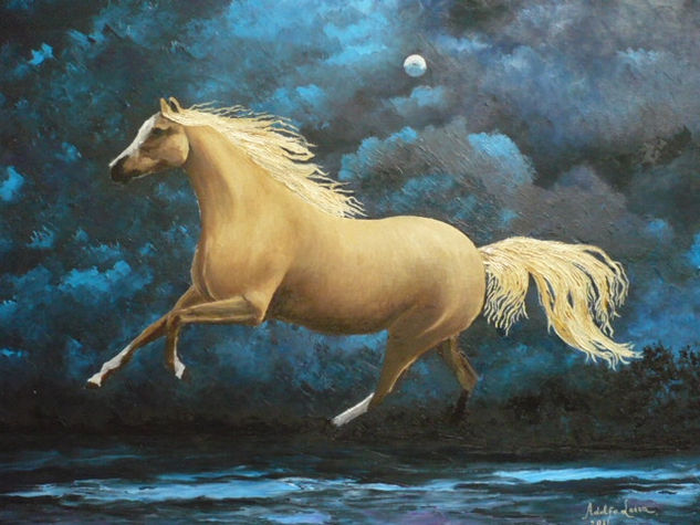 Caballo galopando en noche  de luna Oil Canvas Animals