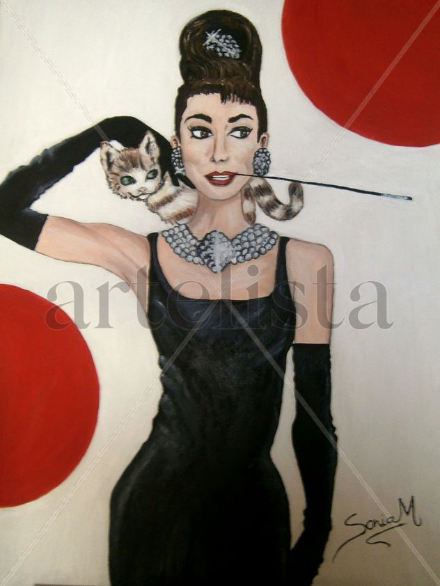 Audrey Hepburn, esferas rojas sobre blanco