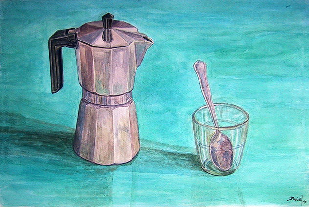 Cafetera con vaso y cuchara