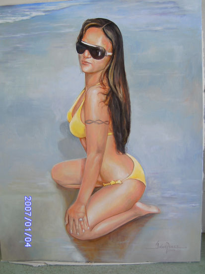 mujer con lente en la playa Oil Canvas Figure Painting