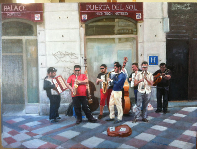 Músicos,Hotel,Puerta del Sol,arenal,orquesta, callejero,vintage,retro,pintura,cuadros,grupos,escenas,urbano,cantantes,realismo,figurativo,pinturas Óleo Tabla Retrato