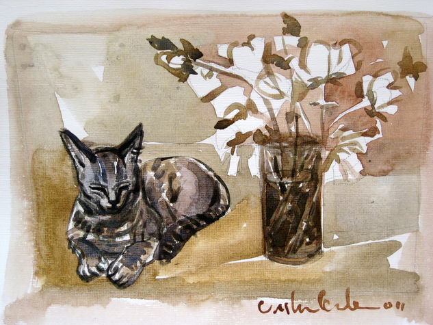 Gata Leto con flores Watercolour Paper Animals