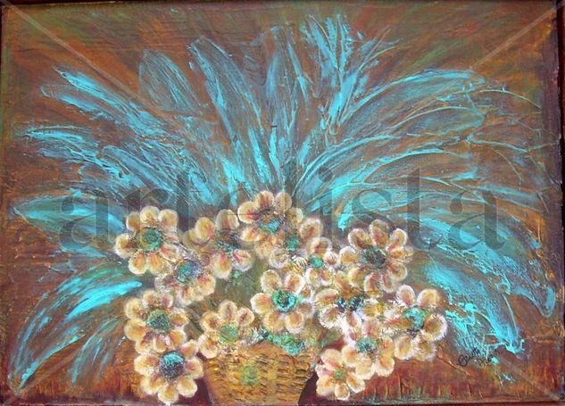 turquesa y chocolate Oil Panel Floral Painting