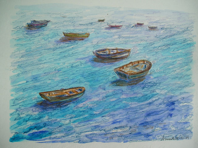 Barcas a la deriva Acuarela Papel Paisaje