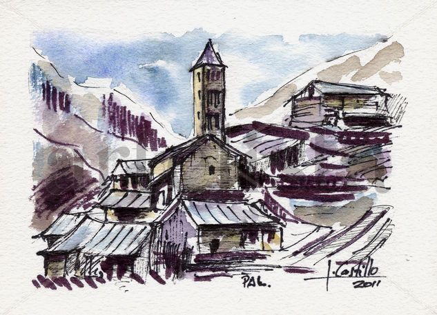 Pueblo de Pal en Andorra Acuarela Papel Paisaje