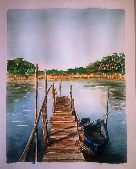EMBARCADERO DE SOTO DEL BARCO Acuarela Papel Paisaje