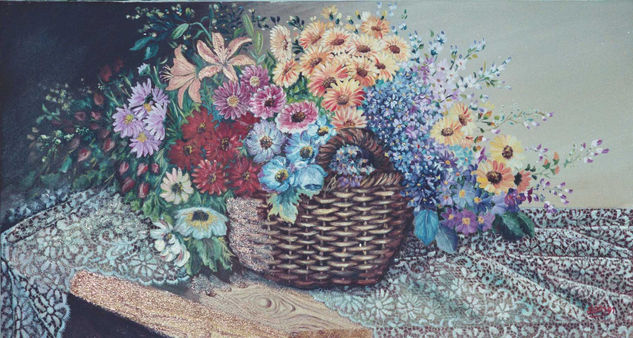 LA CESTA DE FLORES Oil Canvas Floral Painting