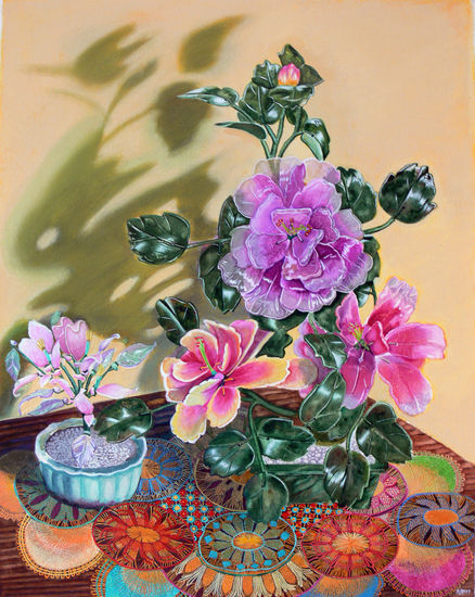 EL JARRÓN DE FLORES CHINAS DE CRISTAL Mixed media Paper Floral Painting