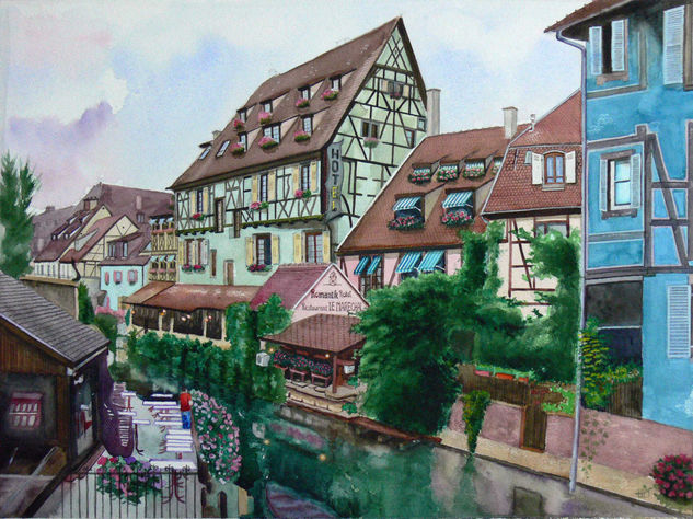 COLMAR (Francia. Bautizada la pequeña Venecia) Acuarela Cartulina Paisaje