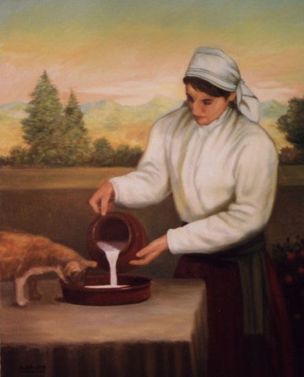 Dando de comer al gato Oil Canvas Figure Painting