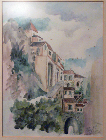 Las Casas Sobre Rocas Acuarela Papel Paisaje