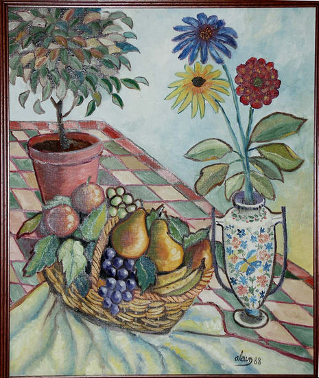 UN BODEGÓN CON 3 FLORES PRIMARIAS Oil Canvas Floral Painting