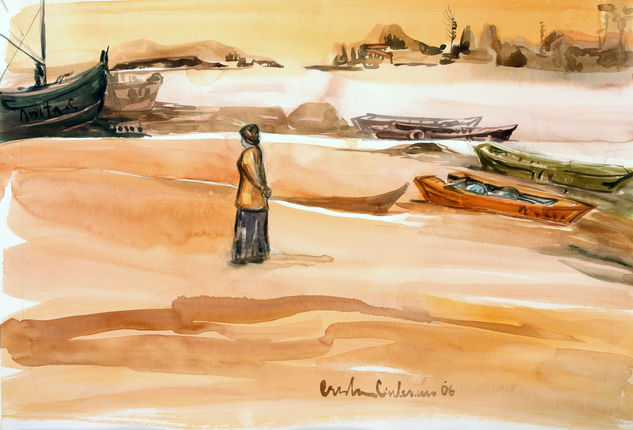 Ella en la playa Watercolour Paper Marine Painting