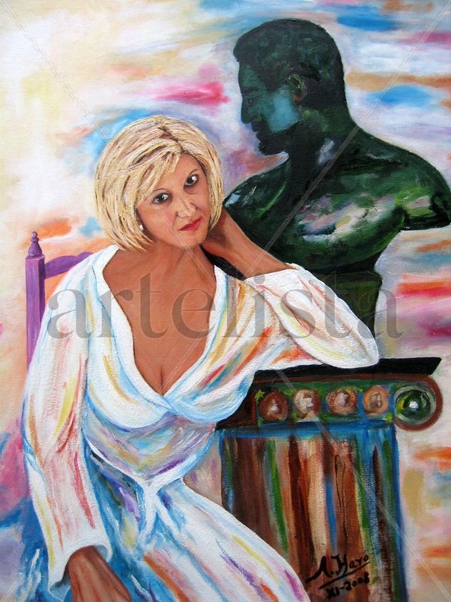 Retrato de Marian con busto del pintor