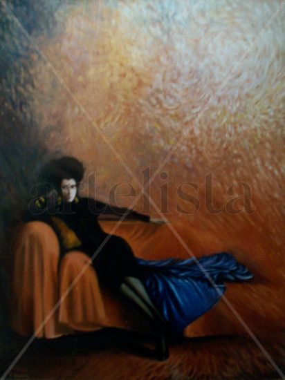 mujer de negro en sofa rojo Oil Canvas Figure Painting