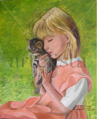 La niña y su gatito Oil Canvas Landscaping