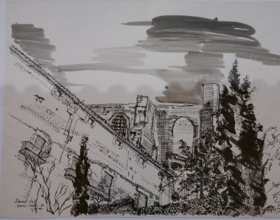 detrás catedral gerona Tinta Papel Paisaje