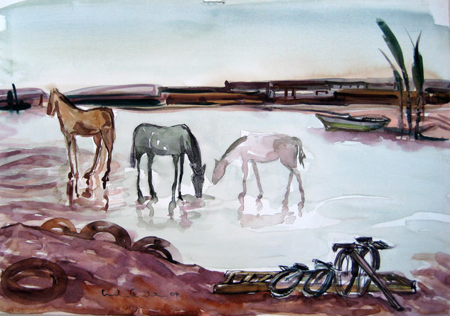 Caballos en río Paraná Watercolour Paper Marine Painting