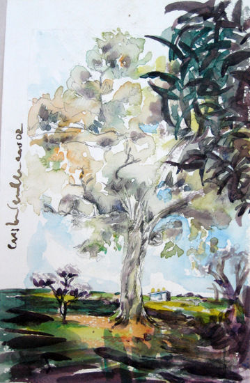 Árbol de campo Acuarela Papel Paisaje