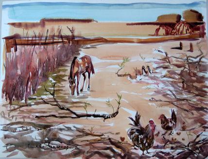 Caballo con gallinas
