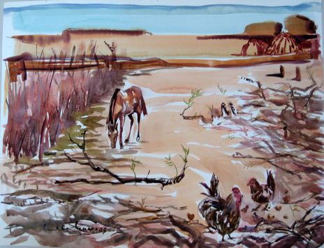 Caballo con gallinas