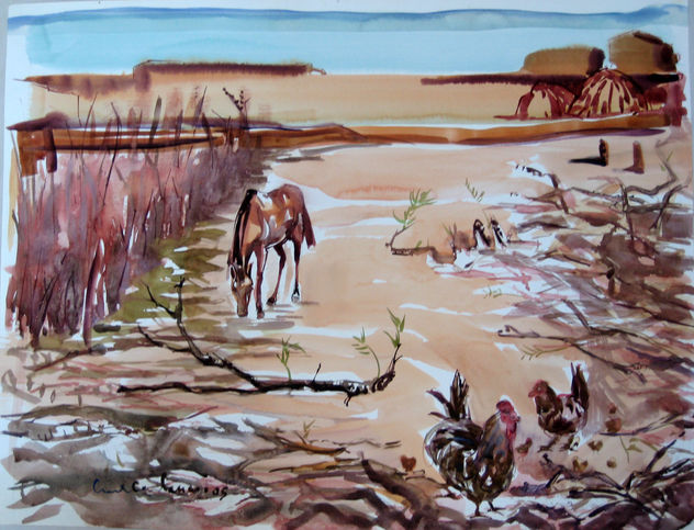 Caballo con gallinas