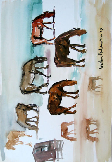 Caballos Estudio tres Acuarela Papel Animales