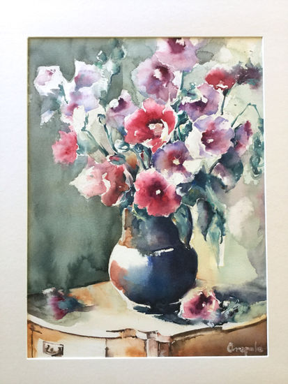 Bodegón con malvas reales, Amapola Herrera Watercolour Paper Still Life Paintings