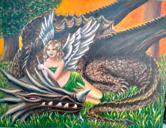 Dragón y Hada Oil Canvas Figure Painting