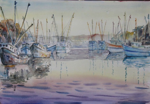 Barcos camaroneros Watercolour Paper Landscaping