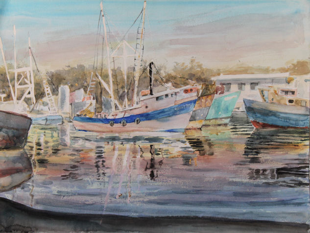 Barcos Pesqueros. Acuarela Papel Paisaje