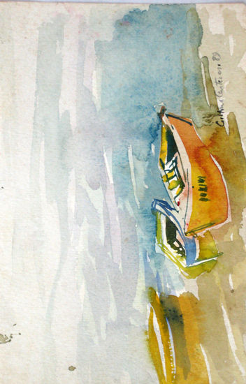 Botes y costa Watercolour Paper Marine Painting