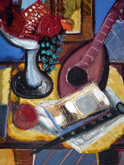 Bodegón con uvas y granada Mixed media Canvas Still Life Paintings