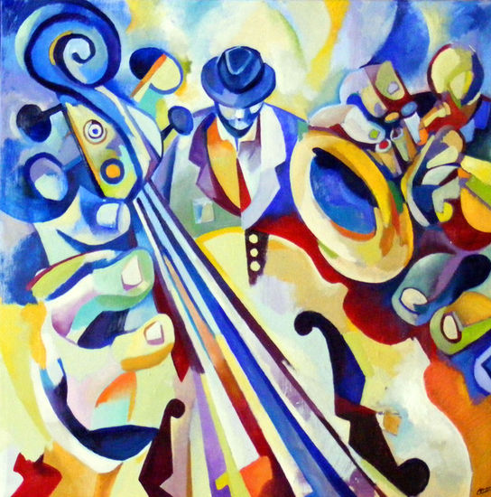 jazz groc i blau Mixed media Canvas Figure Painting