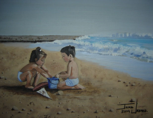 Niños jugando en la playa Oil Canvas Marine Painting