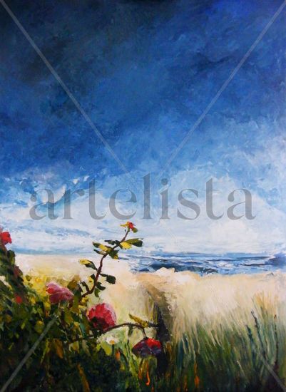 las flores, el mar y el cielo Óleo Tabla Paisaje