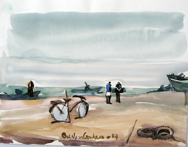 Bicicleta y pescadores Watercolour Paper Marine Painting