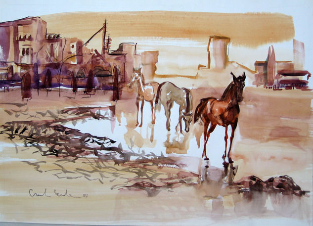 Caballos dorados Acuarela Papel Paisaje