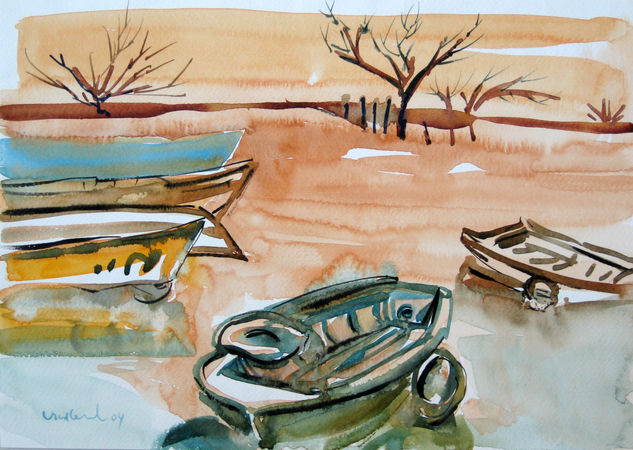 Botes en bello invierno Acuarela Papel Marina