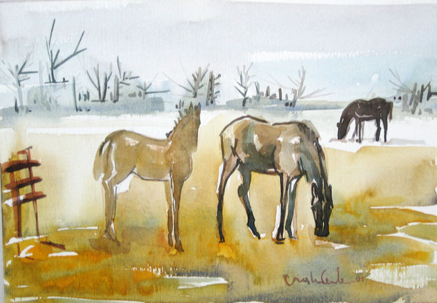 El caballo ocre Acuarela Papel Animales