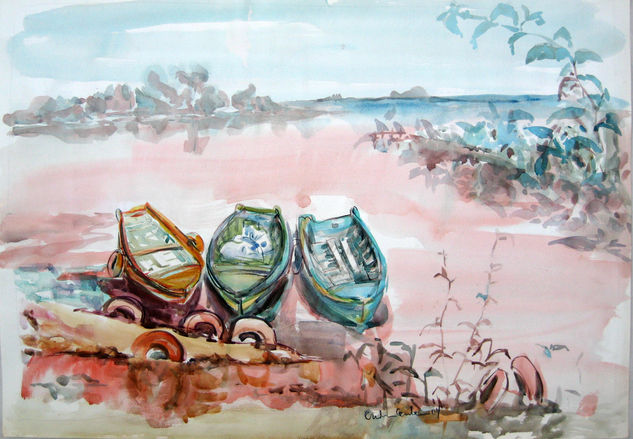 Botes en costa rosa Watercolour Paper Marine Painting