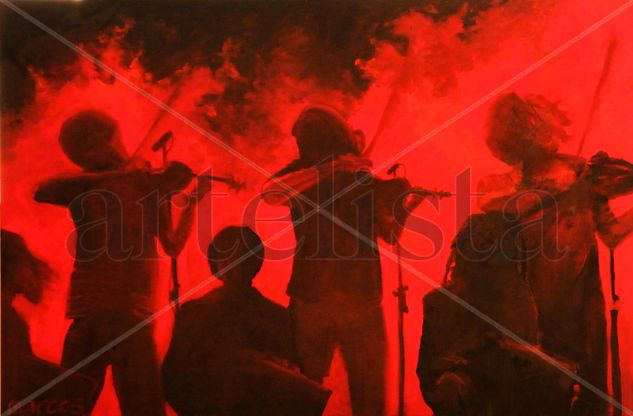 violines y bandoneones al rojo Oil Panel Figure Painting