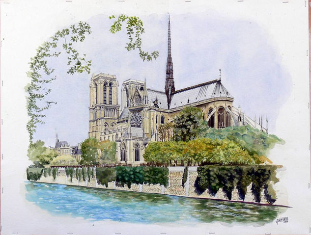 NOTRE DAME DE PARIS de mi amigo Luís Felipe Acuarela Papel Paisaje