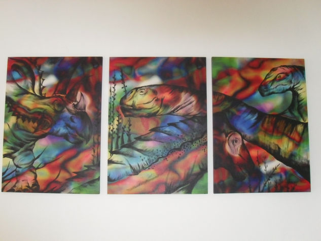 cuadro triptico dinosaurios Acrylic Canvas Animals