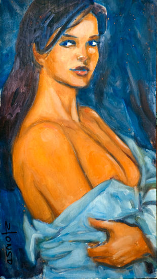 CHICA EN AZUL Oil Panel Figure Painting