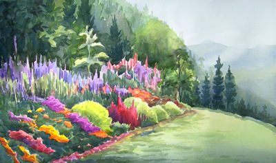 Beauty of a  Mountain Garden Oil Paper Floral Painting